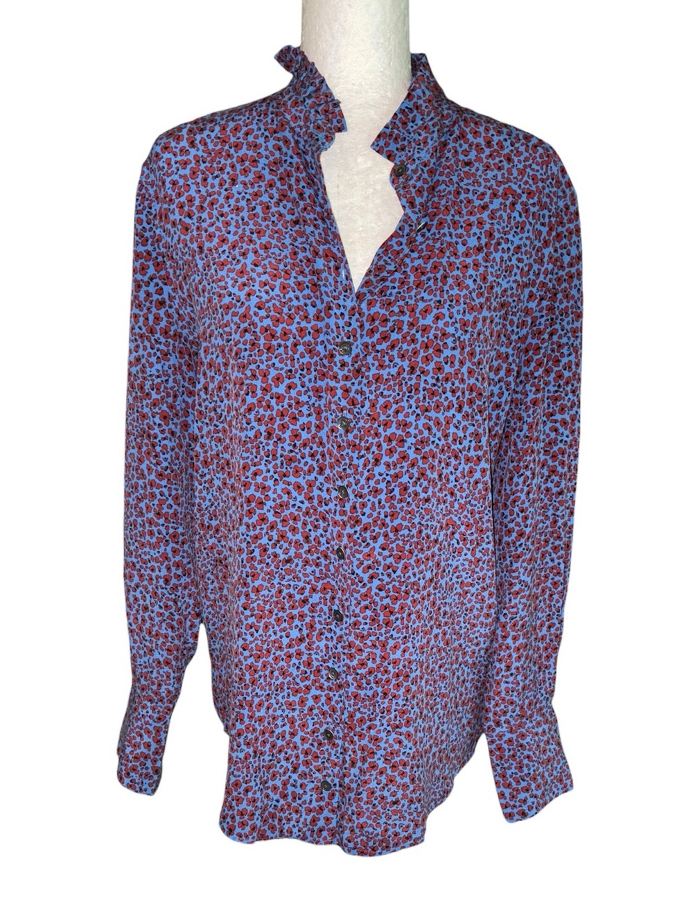 Equipment Silk Olexa Blue & Burgundy Red Floral Print Ruffle Neck Blouse - L